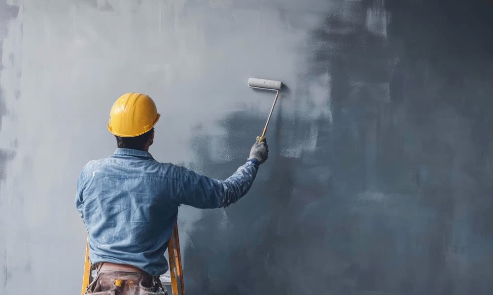 Worker painting dark wall