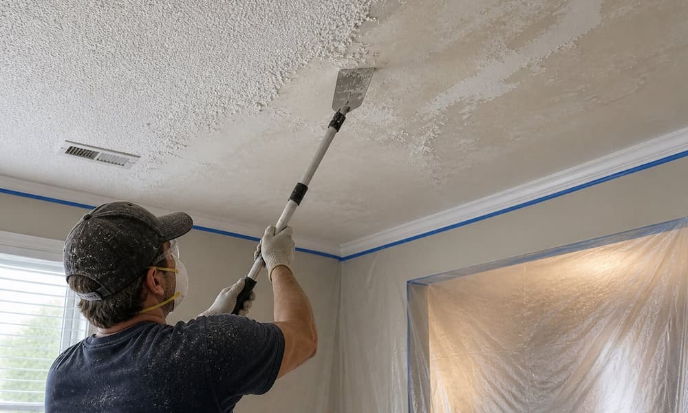 A person wearing a cap and mask uses a scraper to remove popcorn ceiling texture in a room, with plastic sheeting and taped edges for protection.