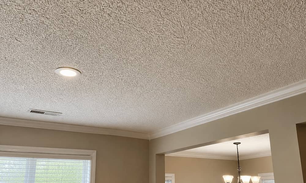 Popcorn ceiling with a modern recessed light, beige walls