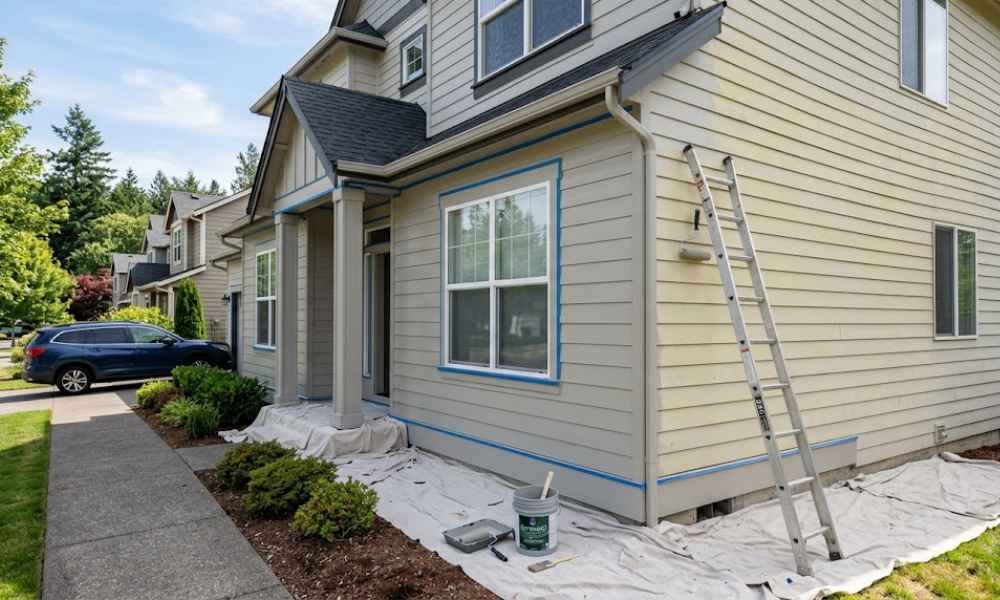 House exterior in progress with fresh paint