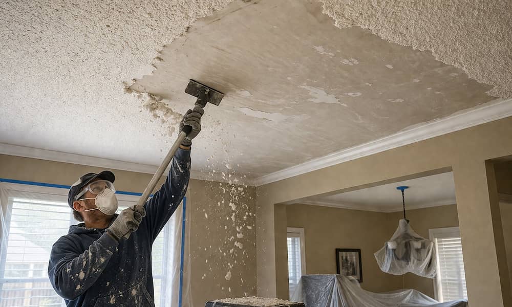 Worker scraping popcorn ceiling, debris falling as smooth surface is revealed.