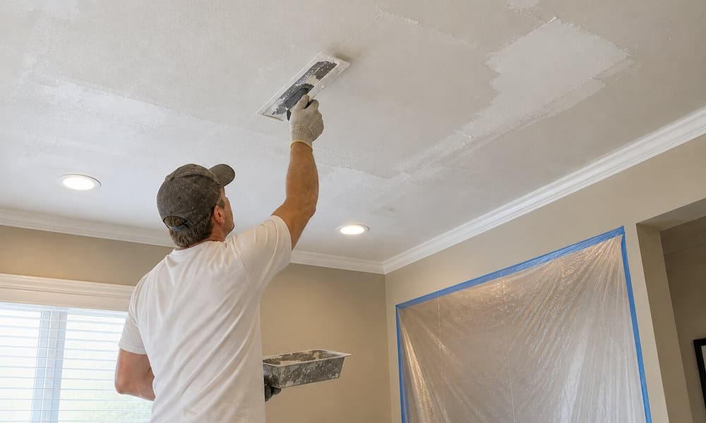 Man patching white ceiling with trowel in renovated room.