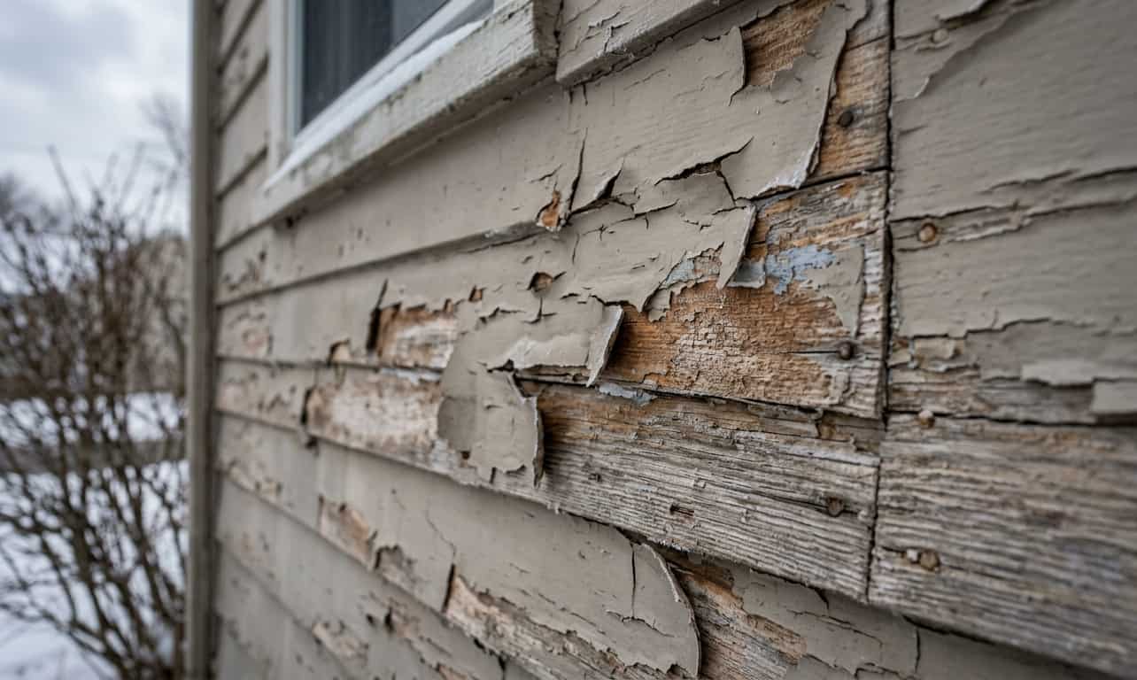 Peeling exterior paint exposing damaged wood siding on a house exterior