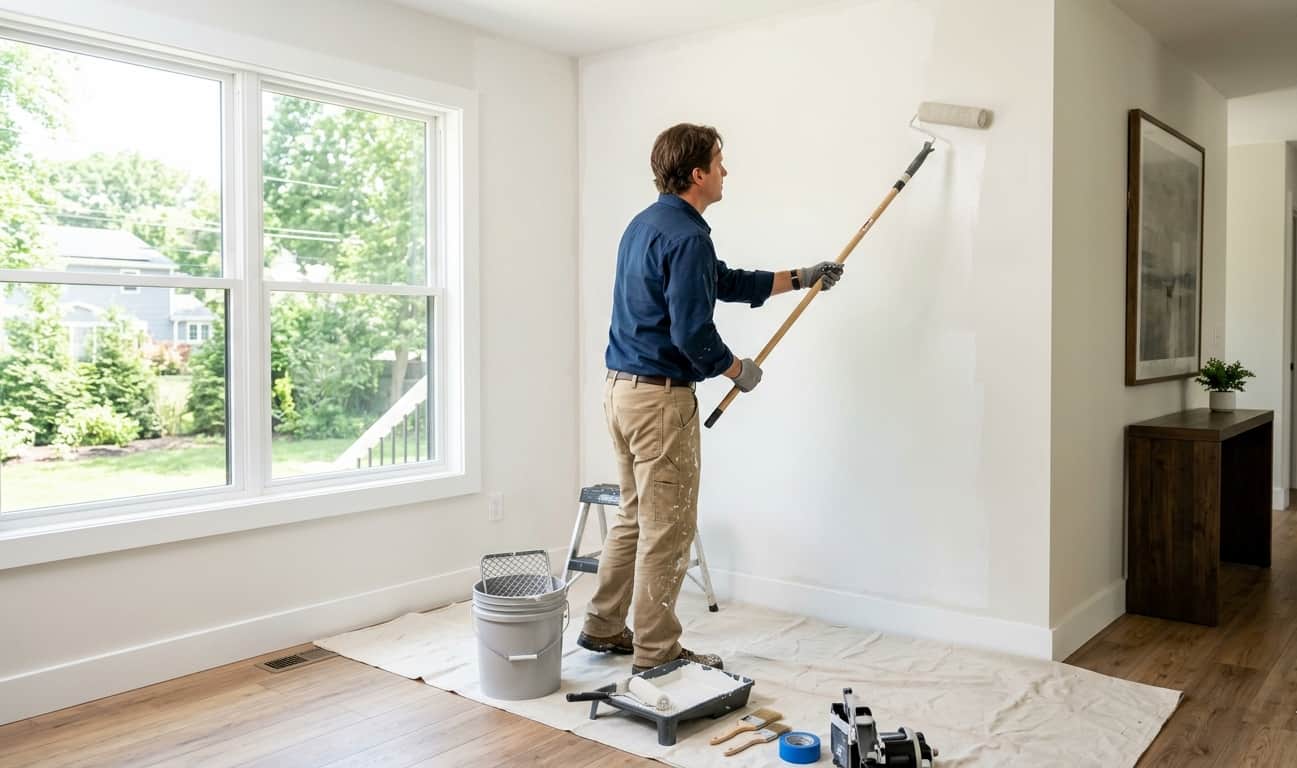 view of a man in a blue shirt and khaki pants using a long-handled roller to paint an interior wall