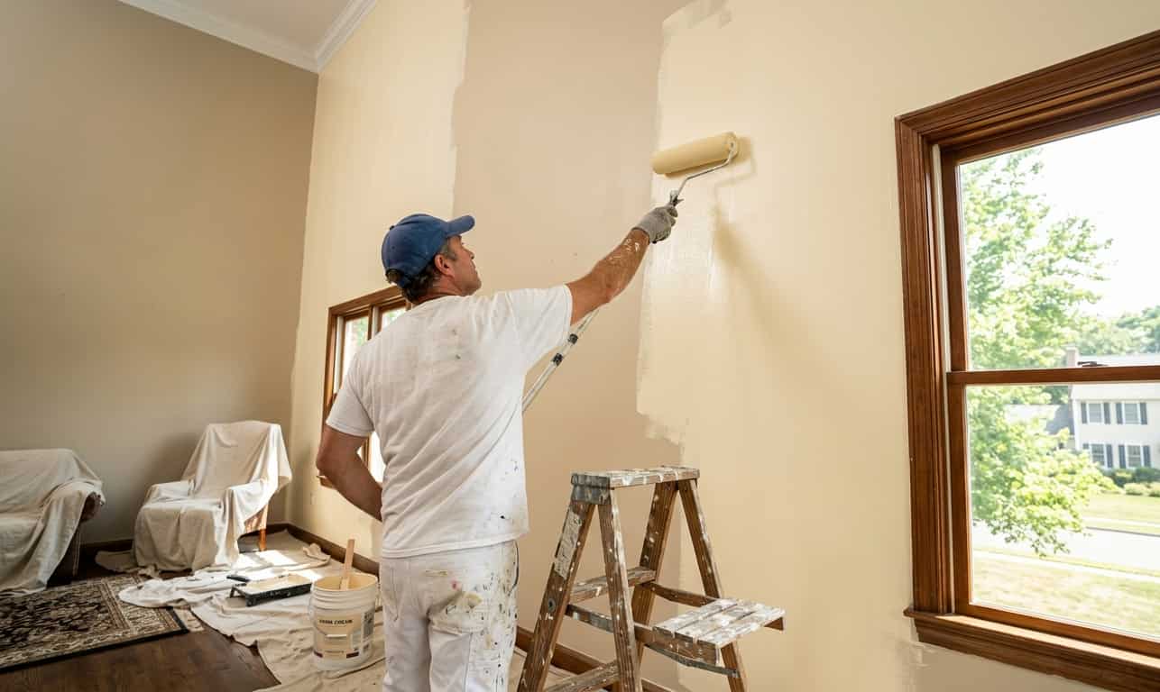 view of a professional painter in a white shirt and blue cap using a long-handled roller