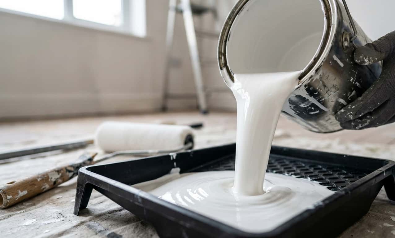 thick white paint being poured from a metal can into a black tray