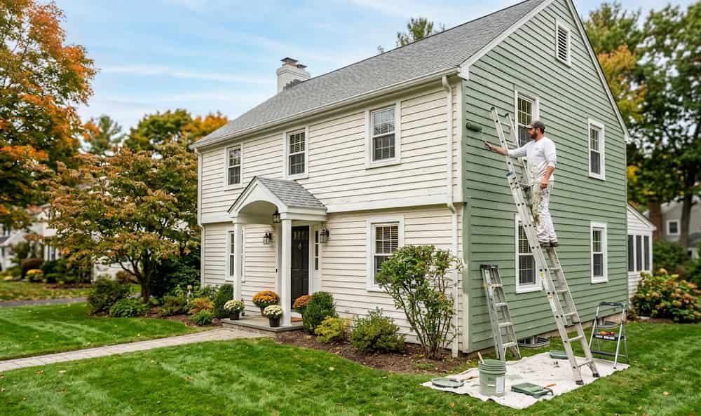 A professional painter standing on an extension ladder