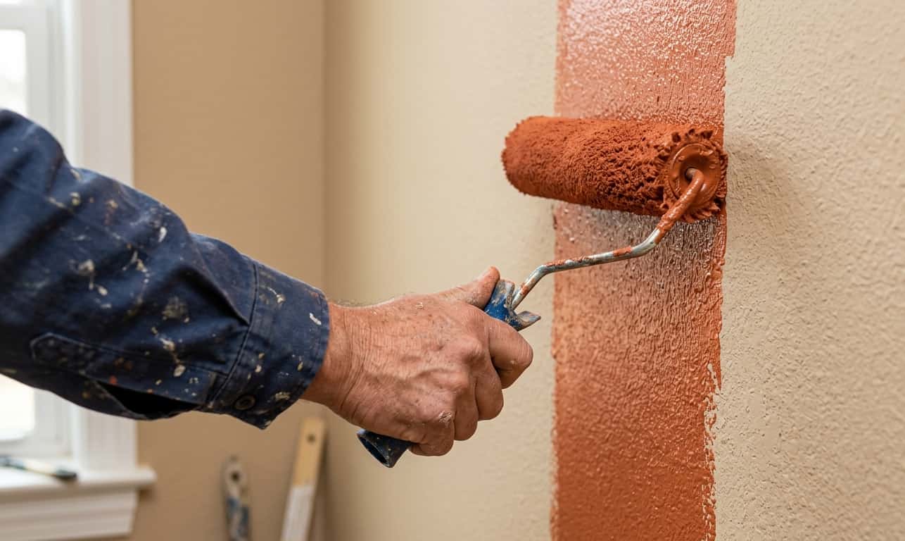 Close-up of a painter's hand using a roller to apply a fresh coat of terracotta orange paint