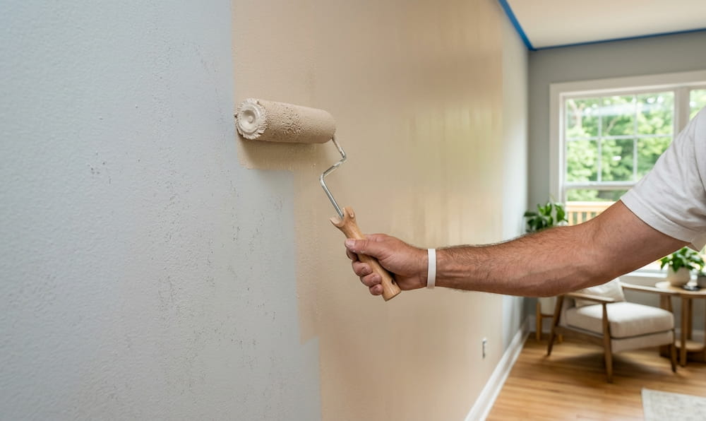 a painter's arm using a paint roller to apply beige paint to a light gray interior wall