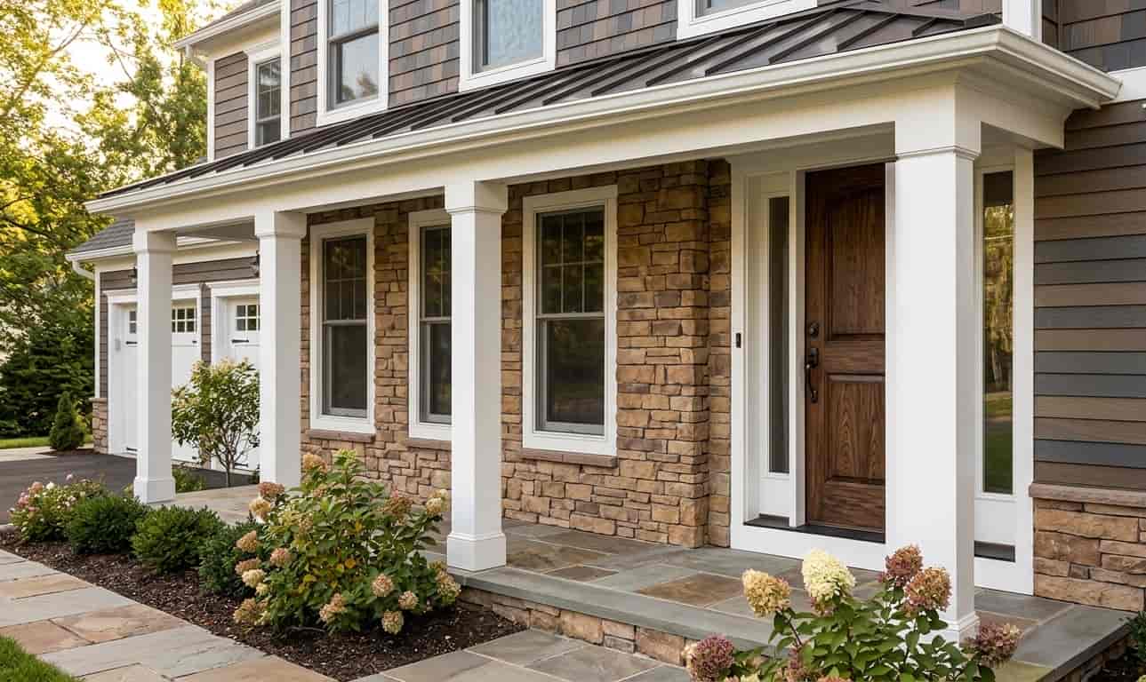 view of a modern home's front porch featuring white column