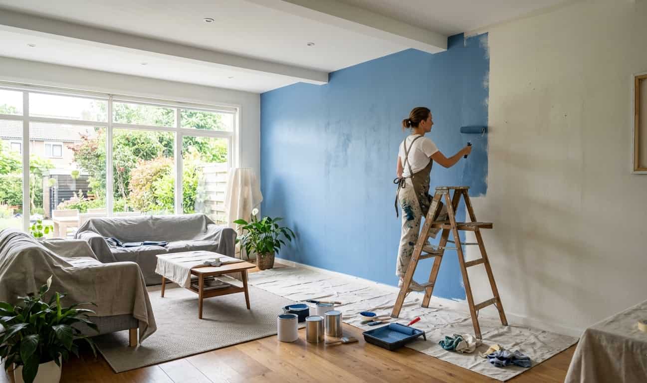 view of a woman on a ladder painting an interior accent wall