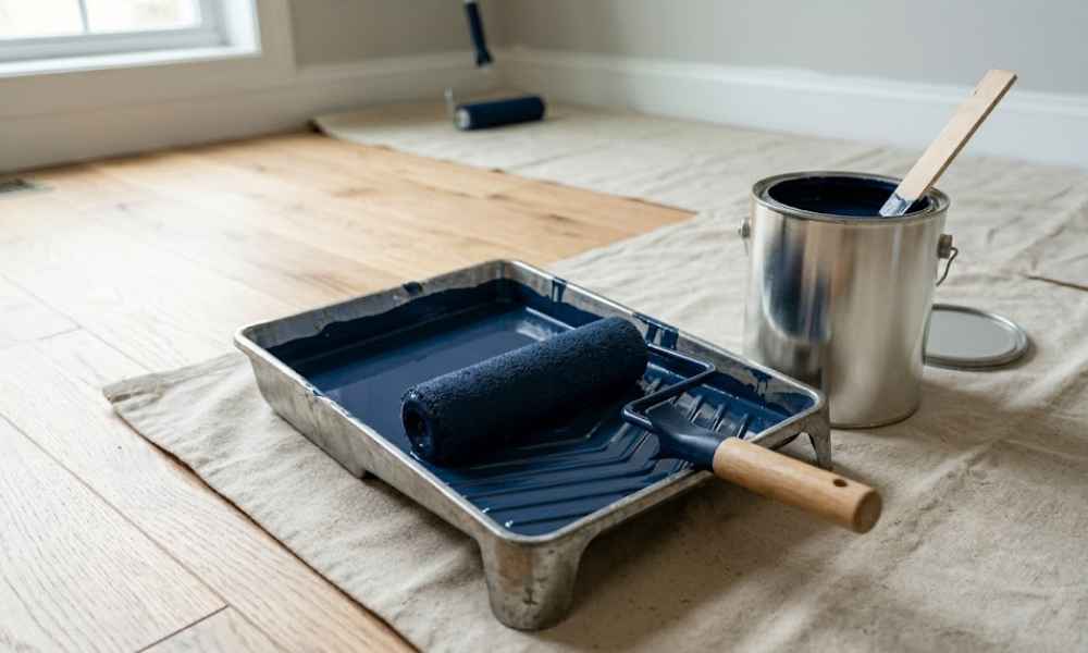 Paint tools with blue paint on cloth over hardwood floor.