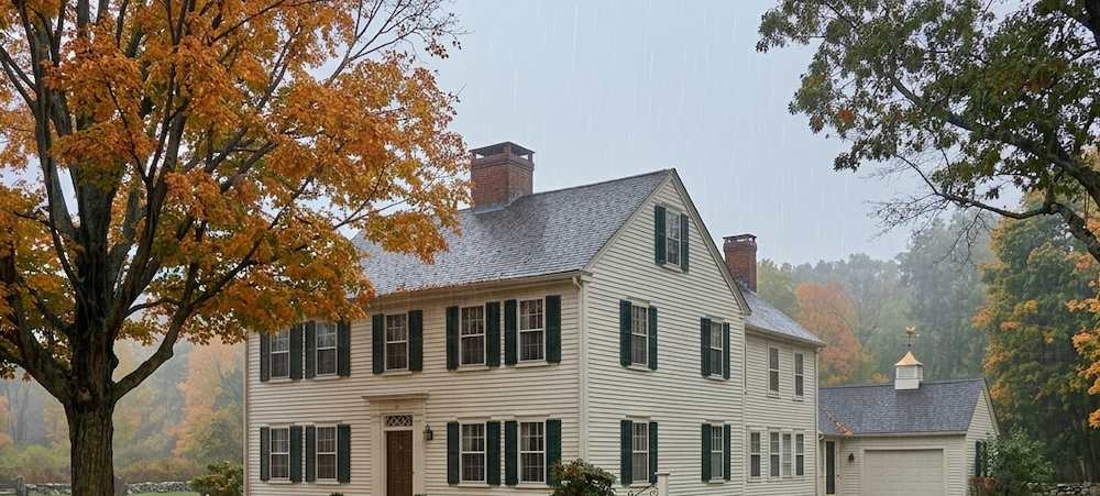 Historic white colonial house with dark shutters, surrounded by autumn trees with vibrant orange leaves