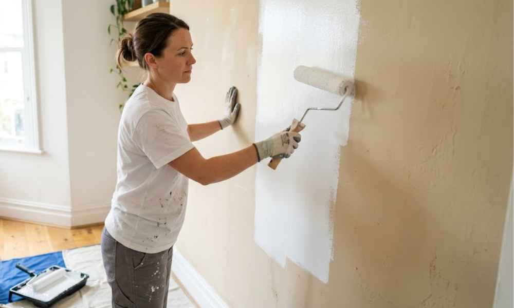 Painter rolling white paint over a beige residential wall