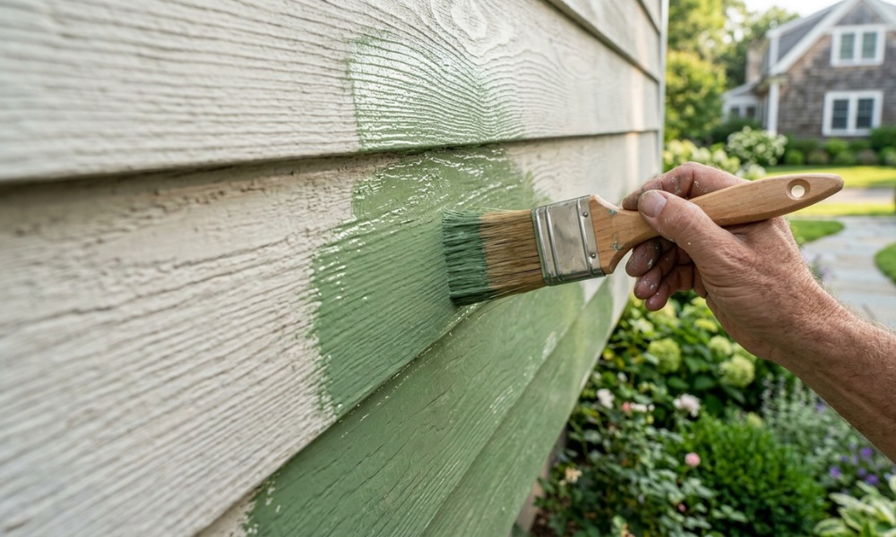 A close-up view of a person's hand using a wooden-handled paintbrush