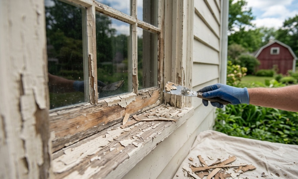 a gloved hand using a putty knife to scrape old, peeling white paint