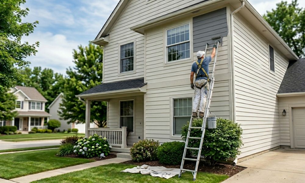 A house painter standing on an extension ladder uses a roller to apply gray paint