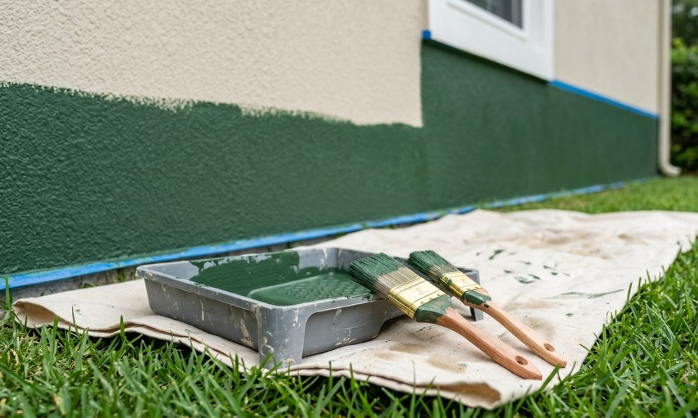 Two paintbrushes resting on a plastic tray with green paint