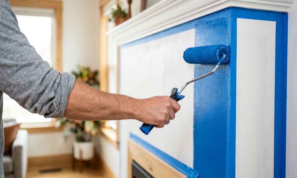 A close-up shot of a person using a paint roller to apply bright blue paint