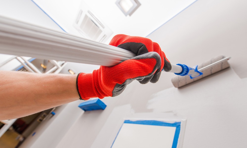 a person uses a roller pole to paint a white wall