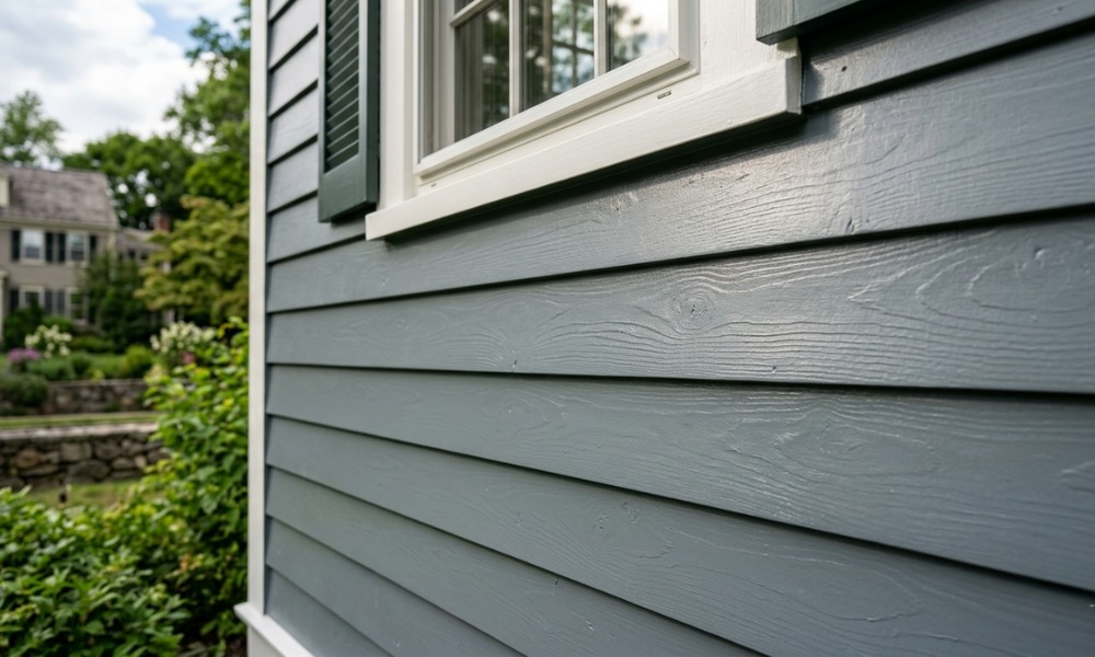 Close-up of grey wood-grain house siding next to a white-trimmed window