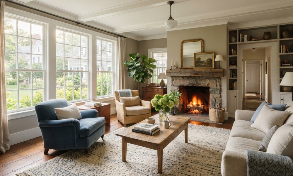 bright New England living room