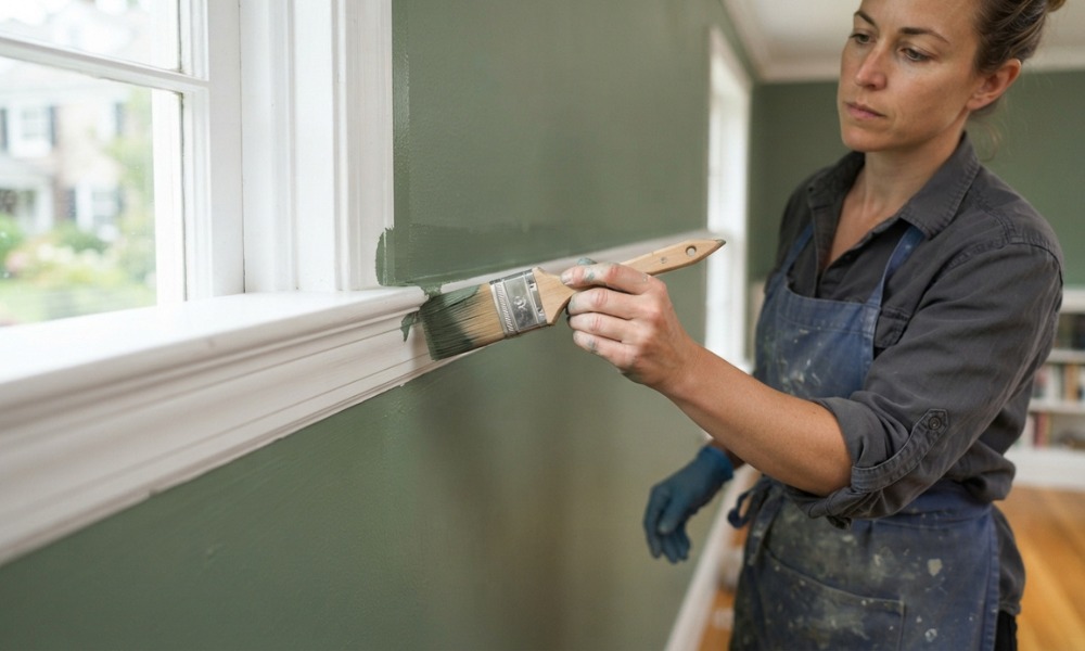 professional painter cutting in sage green paint