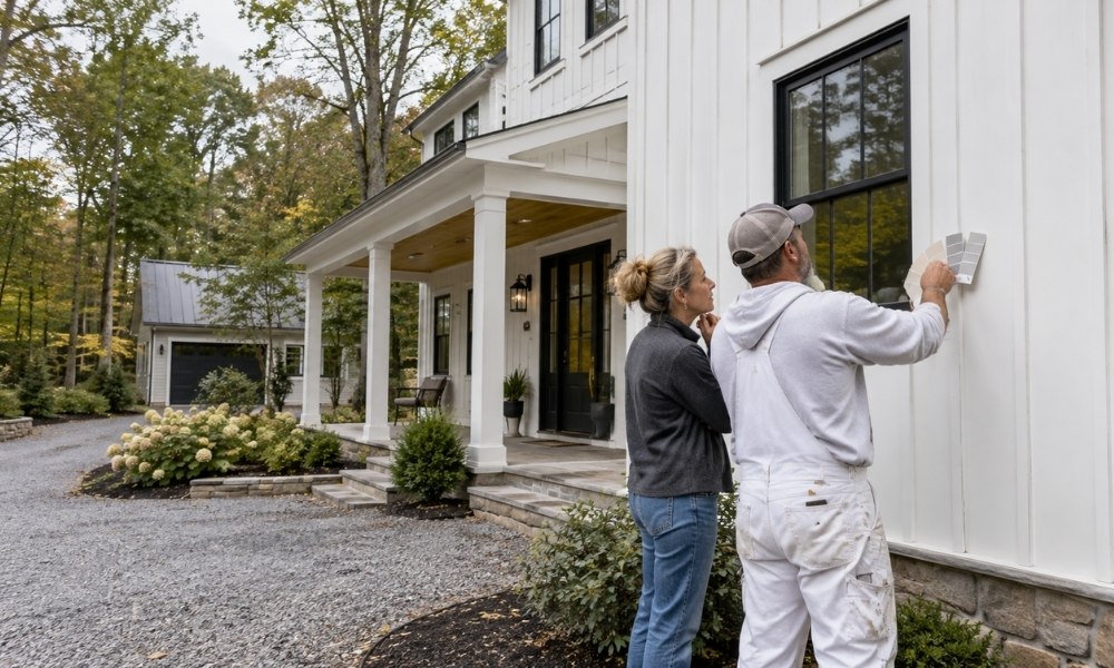 Connecticut homeowner in casual everyday clothing stands outside with a professional painter