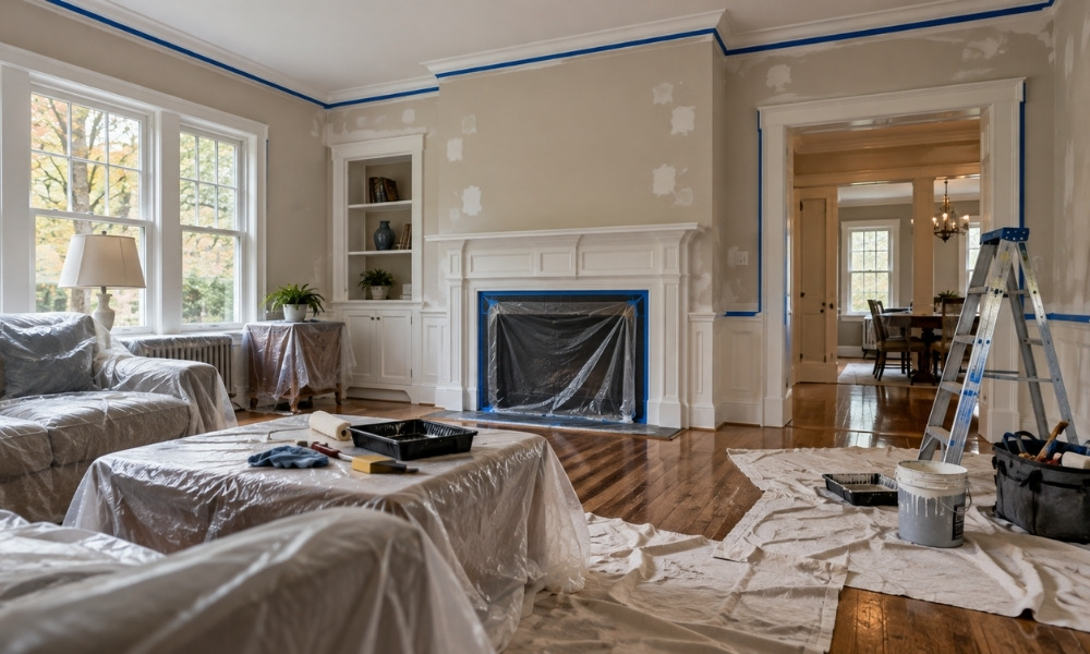 Connecticut home undergoing professional painting preparation
